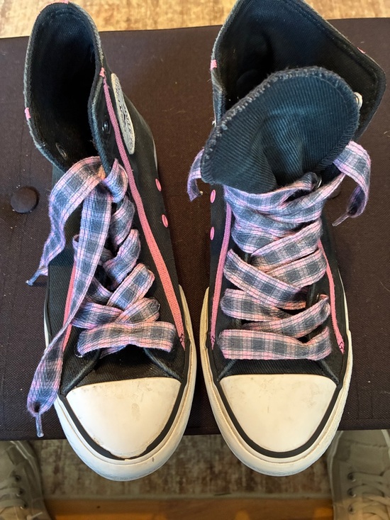 Converse Shoes - Converse Black High-Top Sneakers with Pink Accents and Pink Plaid Laces
